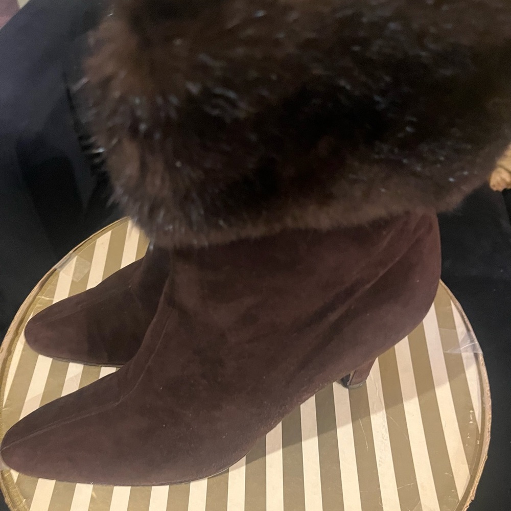 YSL Suede Designer Elegant Brown Mink Fur-Cuffed Trimmed Women's Boots